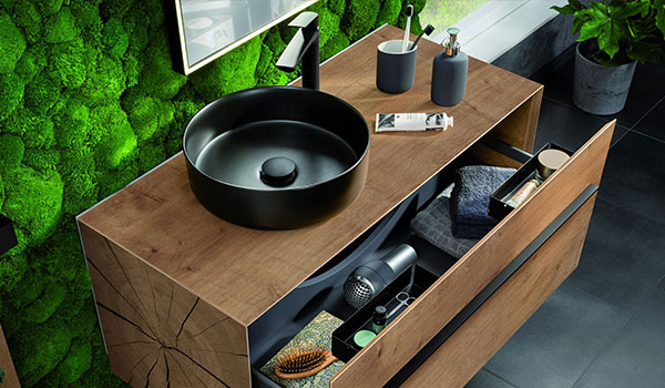 Lanzet Waschtisch in Schwarz mit Unterschrank in Holzoptik Lanzet Woodblock Waschtisch Schwarz mit Unterschrank